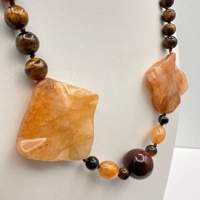 Vintage 80s Chunky Agate Tiger Stone Bead Statement Necklace Women's Jewelry Y2K - Thumbnail 9
