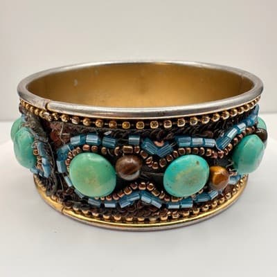 Vintage 90s Mixed Media Bangle Bracelet Turquoise Tiger Eye Glass Beaded Boho - Thumbnail 2
