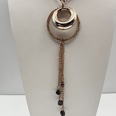Vintage 90s Gold Tone Double Hoop Tassel Necklace Purple Glass Cube Boho Y2K 90s - Thumbnail 5