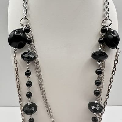 Vintage 90s Multi-Strand Silver Tone Layered Necklace Black Bead Boho Statement - Thumbnail 2