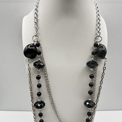 Vintage 90s Multi-Strand Silver Tone Layered Necklace Black Bead Boho Statement - Thumbnail 13