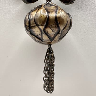 Vintage 80s Boho Statement Necklace Brown Beaded Pendant Chain Tassel Jewelry - Thumbnail 5