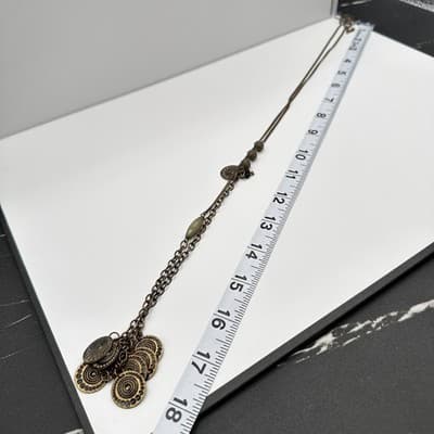 Vintage 70s Bronze Tone Tribal Coin Medallion Chain Hook Dangle Necklace Jewelry - Thumbnail 13
