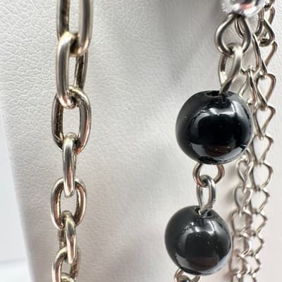 Vintage 90s Multi-Strand Silver Tone Layered Necklace Black Bead Boho Statement - Thumbnail 7