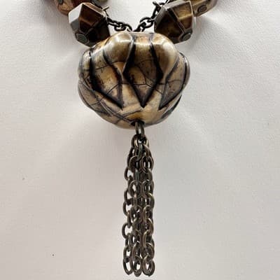 Vintage 80s Boho Statement Necklace Brown Beaded Pendant Chain Tassel Jewelry - Thumbnail 12