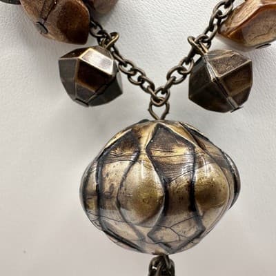Vintage 80s Boho Statement Necklace Brown Beaded Pendant Chain Tassel Jewelry - Thumbnail 6
