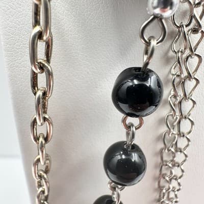 Vintage 90s Multi-Strand Silver Tone Layered Necklace Black Bead Boho Statement - Thumbnail 6