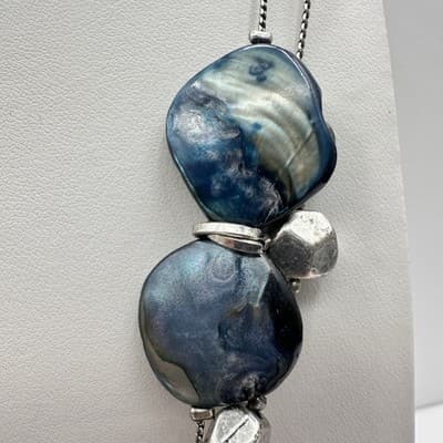Vintage 80s Fashion Jewelry Layered Iridescent Shell Bead Necklace Silver Tone - Thumbnail 6