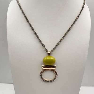 Vintage Statement Pendant Necklace with Yellow Bead & Gold Tone Chain Jewelry - Thumbnail 2