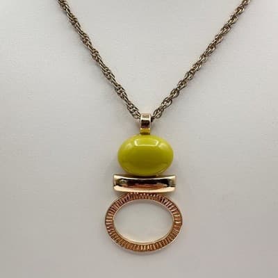 Vintage Statement Pendant Necklace with Yellow Bead & Gold Tone Chain Jewelry - Thumbnail 3