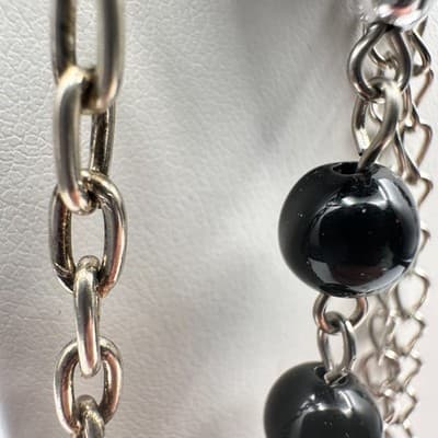 Vintage 90s Multi-Strand Silver Tone Layered Necklace Black Bead Boho Statement - Thumbnail 8