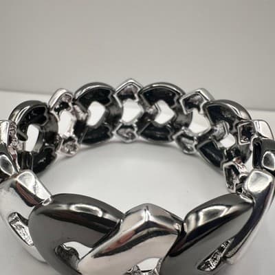 Vintage 90s Two Tone Silver Gunmetal Curb Link Stretch Bracelet Women's Jewelry - Thumbnail 8
