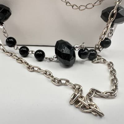 Vintage 90s Multi-Strand Silver Tone Layered Necklace Black Bead Boho Statement - Thumbnail 9
