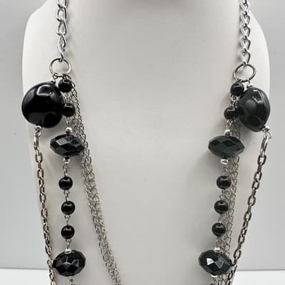 Vintage 90s Multi-Strand Silver Tone Layered Necklace Black Bead Boho Statement - Thumbnail 12