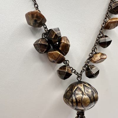 Vintage 80s Boho Statement Necklace Brown Beaded Pendant Chain Tassel Jewelry - Thumbnail 3