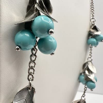 Vintage 90s Silver Tone Blue Turquoise Bead Leaf Cluster Statement Necklace Boho - Thumbnail 10