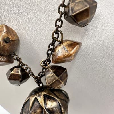 Vintage 80s Boho Statement Necklace Brown Beaded Pendant Chain Tassel Jewelry - Thumbnail 8