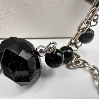 Vintage 90s Multi-Strand Silver Tone Layered Necklace Black Bead Boho Statement - Thumbnail 11