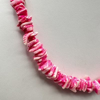 Vintage 80s Pink & White Natural Shell Chip Bead Choker Necklace Beach Jewelry - Thumbnail 2