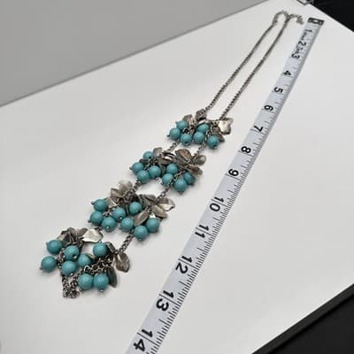 Vintage 90s Silver Tone Blue Turquoise Bead Leaf Cluster Statement Necklace Boho - Thumbnail 12