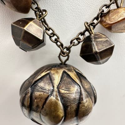 Vintage 80s Boho Statement Necklace Brown Beaded Pendant Chain Tassel Jewelry - Thumbnail 9