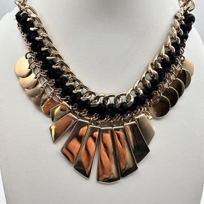 Vintage 90s Lalang Gold Tone Black Rope Chain Fringe Statement Necklace jewelry - Thumbnail 11