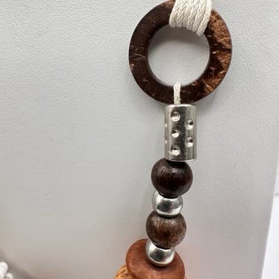 Vintage 80s Boho Wood Bead Statement Pendant Necklace Jewelry Spiral Shell - Thumbnail 8