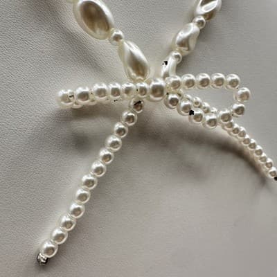 Vintage 80s 90s Pearl Beaded Necklace Bow Knot Pendant White Fashion Jewelry 90s - Thumbnail 3
