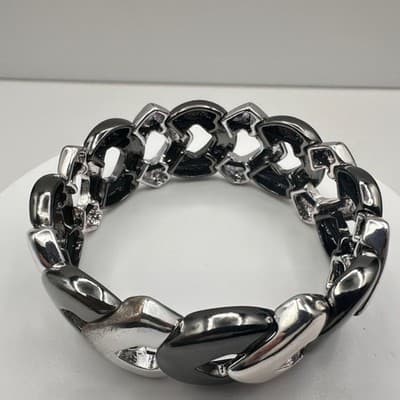 Vintage 90s Two Tone Silver Gunmetal Curb Link Stretch Bracelet Women's Jewelry - Thumbnail 5