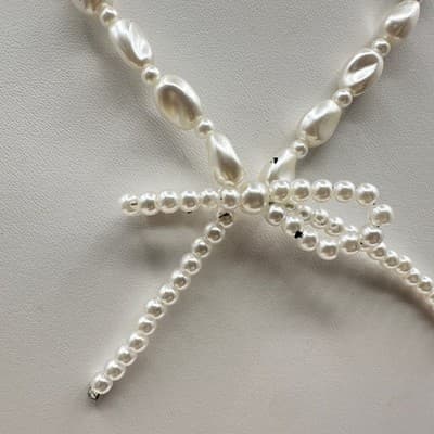 Vintage 80s 90s Pearl Beaded Necklace Bow Knot Pendant White Fashion Jewelry 90s - Thumbnail 2