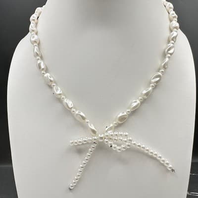 Vintage 80s 90s Pearl Beaded Necklace Bow Knot Pendant White Fashion Jewelry 90s - Thumbnail 9