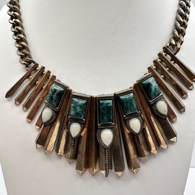 Vintage 80s Bronze Tone Egyptian Style Green White Stone Statement Necklace Y2K - Thumbnail 2