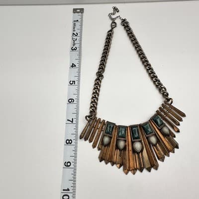 Vintage 80s Bronze Tone Egyptian Style Green White Stone Statement Necklace Y2K - Thumbnail 12
