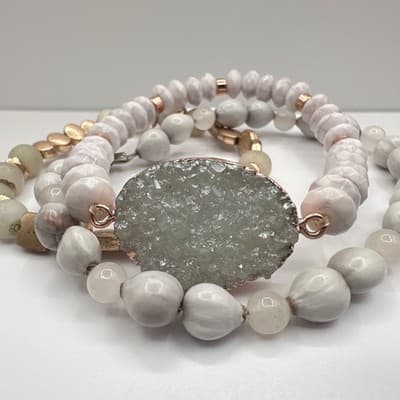 Vintage 90s Boho Multi-Strand Bracelet Set Druzy Quartz Beaded Jewelry - Thumbnail 4