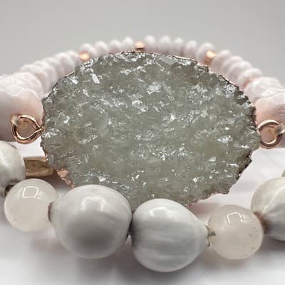 Vintage 90s Boho Multi-Strand Bracelet Set Druzy Quartz Beaded Jewelry - Thumbnail 6