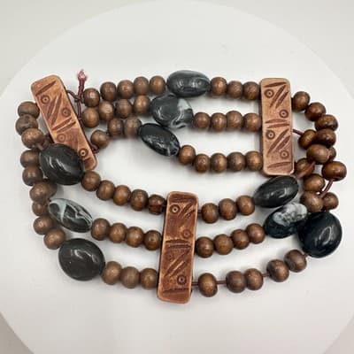 Vintage 90s Triple Strand Wood & Stone Stretch Bracelet Brown Black Earthy Boho - Thumbnail 2