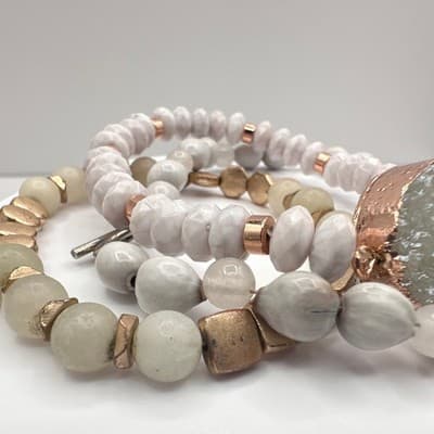 Vintage 90s Boho Multi-Strand Bracelet Set Druzy Quartz Beaded Jewelry - Thumbnail 7