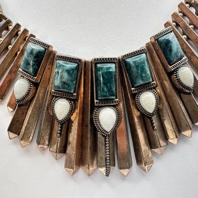 Vintage 80s Bronze Tone Egyptian Style Green White Stone Statement Necklace Y2K - Thumbnail 9