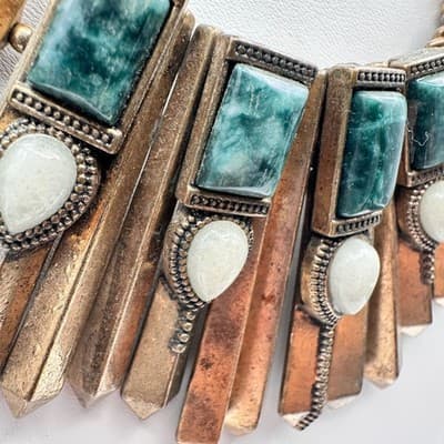 Vintage 80s Bronze Tone Egyptian Style Green White Stone Statement Necklace Y2K - Thumbnail 7