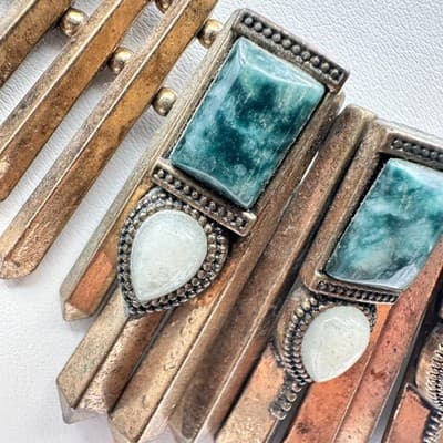 Vintage 80s Bronze Tone Egyptian Style Green White Stone Statement Necklace Y2K - Thumbnail 6