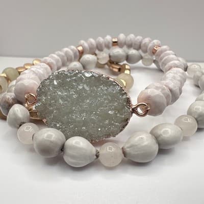 Vintage 90s Boho Multi-Strand Bracelet Set Druzy Quartz Beaded Jewelry - Thumbnail 5