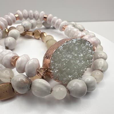 Vintage 90s Boho Multi-Strand Bracelet Set Druzy Quartz Beaded Jewelry - Thumbnail 9