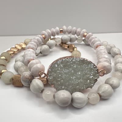 Vintage 90s Boho Multi-Strand Bracelet Set Druzy Quartz Beaded Jewelry - Thumbnail 3
