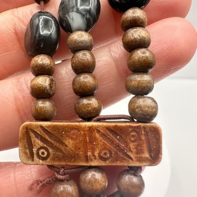 Vintage 90s Triple Strand Wood & Stone Stretch Bracelet Brown Black Earthy Boho - Thumbnail 6