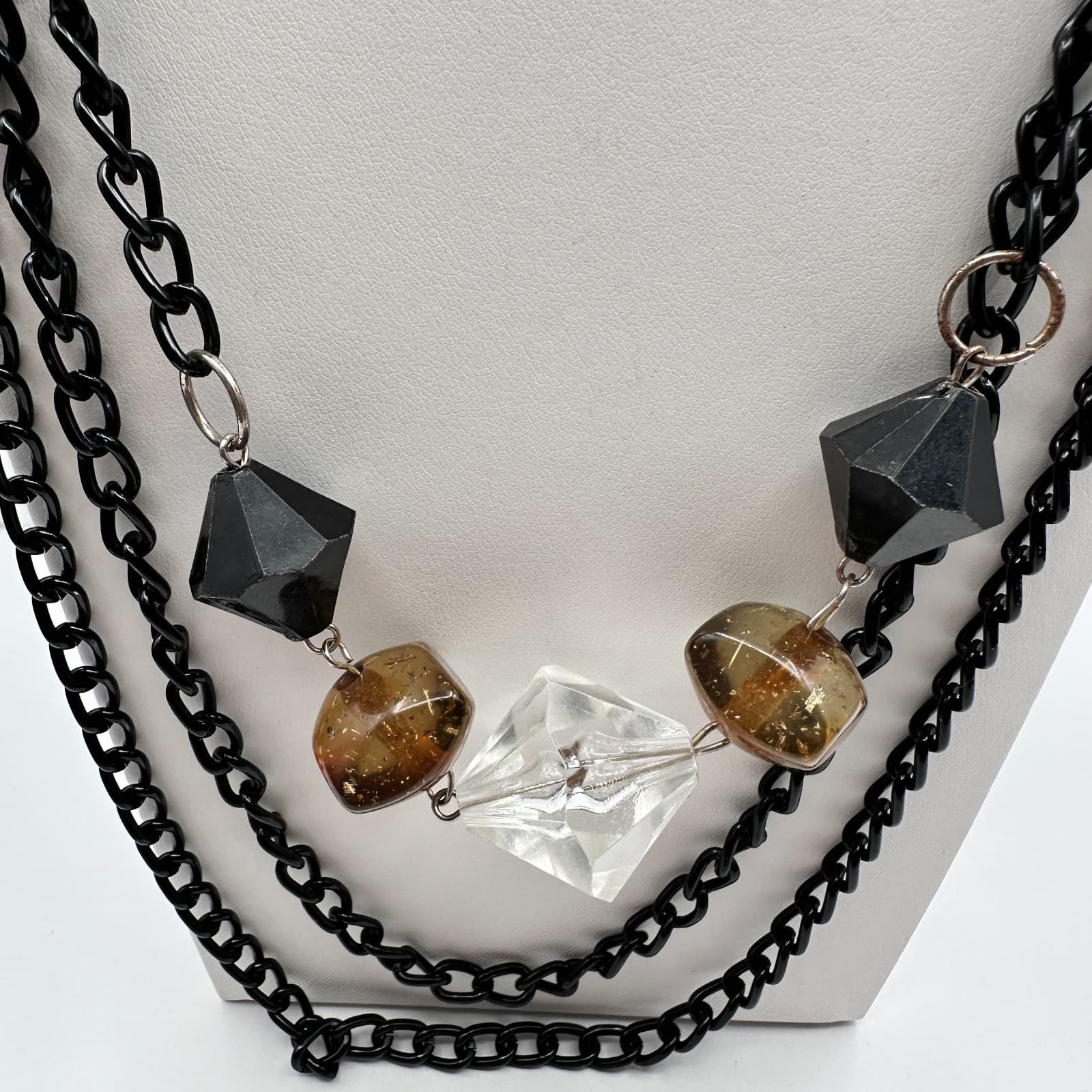 Vintage 90s Multi strand Layered Statement Necklace Black Resin Amber Clear Bead - Thumbnail 10