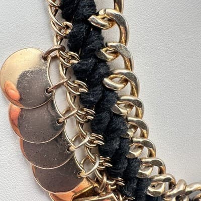 Vintage 90s Lalang Gold Tone Black Rope Chain Fringe Statement Necklace jewelry - Thumbnail 3