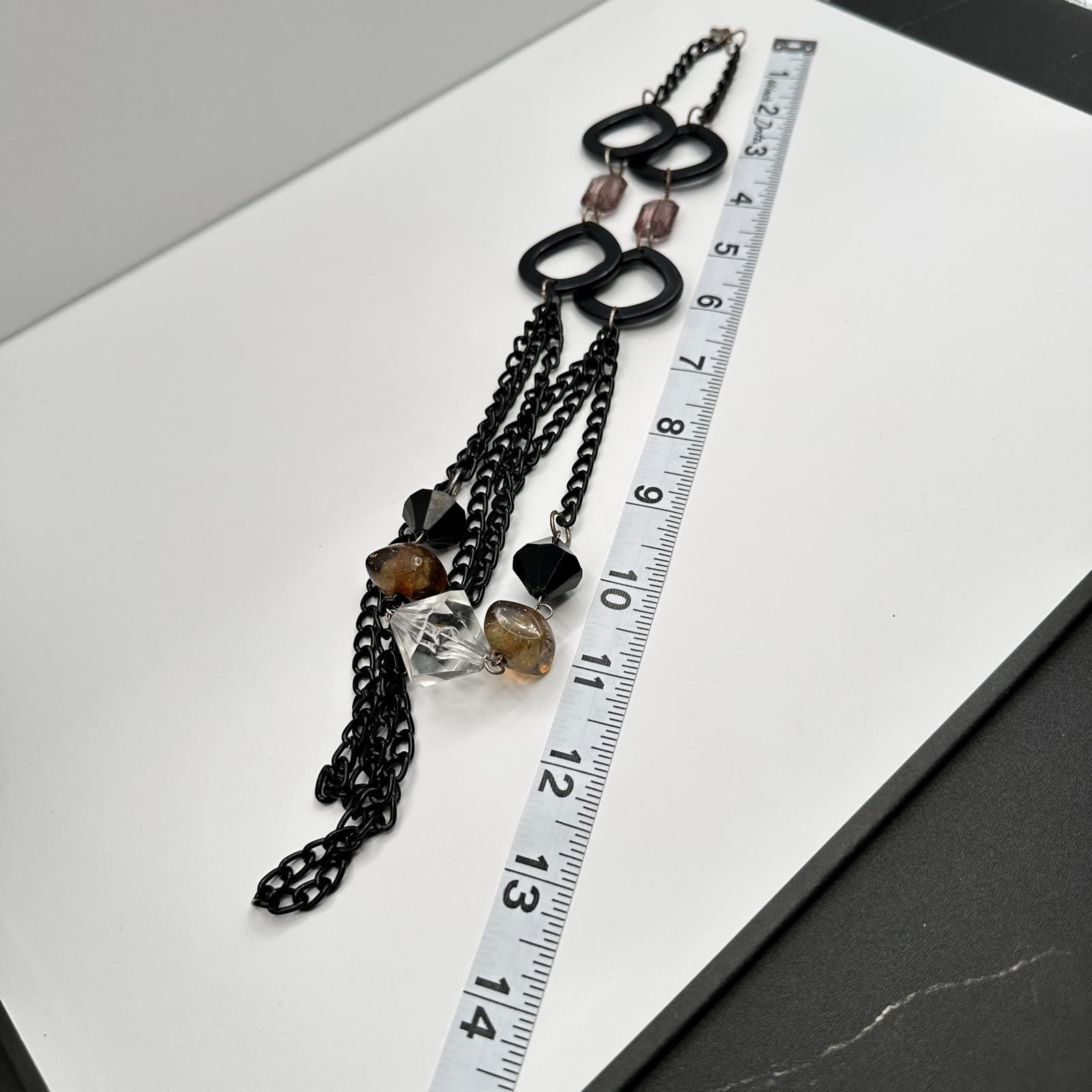 Vintage 90s Multi strand Layered Statement Necklace Black Resin Amber Clear Bead - Thumbnail 7