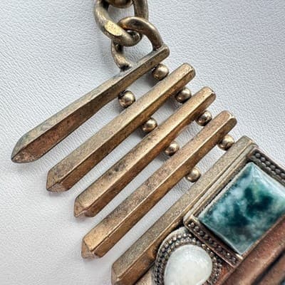 Vintage 80s Bronze Tone Egyptian Style Green White Stone Statement Necklace Y2K - Thumbnail 4