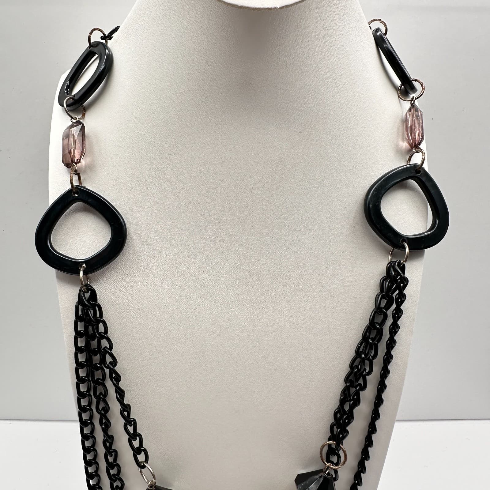 Vintage 90s Multi strand Layered Statement Necklace Black Resin Amber Clear Bead - Thumbnail 9