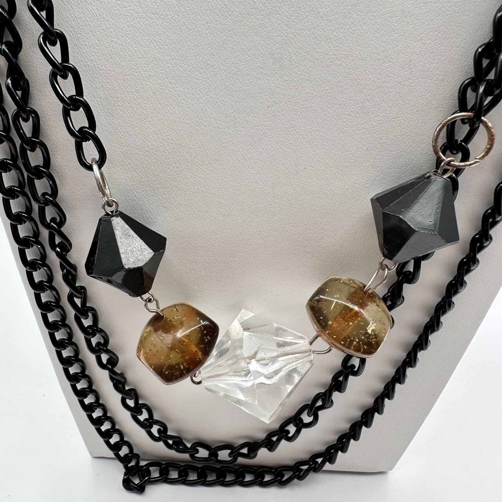 Vintage 90s Multi strand Layered Statement Necklace Black Resin Amber Clear Bead - Thumbnail 5